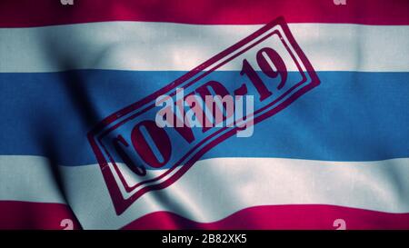 Covid-19-Stempel auf der Nationalflaggen Thailands. Coronavirus Konzept. 3D-Abbildung Stockfoto