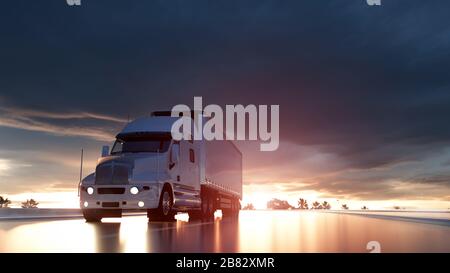 Sattelanhänger. LKW auf der Straße, Autobahn. Transport, Logistikkonzept. 3D-Rendering Stockfoto