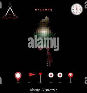 Gepunktete Karte von Myanmar in den Farben der Nationalflaggen von Myanmar gemalt. Schwenkender Flaggeneffekt. Kartenwerkzeuge, Satz kartografischer Symbole. Vektor illusstra Stock Vektor