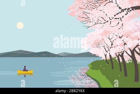 Kirschblüten am Fluss genießen flache Vektor-Poster Stock Vektor