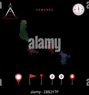 Gepunktete Karte der Komoren, die in den Farben der Nationalflaggen der Komoren gemalt wurde. Schwenkender Flaggeneffekt. Kartenwerkzeuge, Satz kartografischer Symbole. Vektor illusstra Stock Vektor