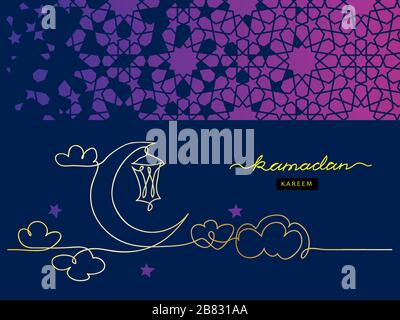 Ramadan Nachtkarte. Eine durchgehende Linienzeichnung. Stock Vektor