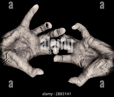Die Hände- und Fingerpalmen der älteren Frau vor schwarzem Hintergrund, Nahaufnahme Stockfoto