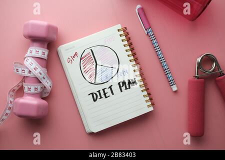 Diätplan, Menü oder Programm, Maßband, Wasser, Hanteln und Diätkost. Stockfoto