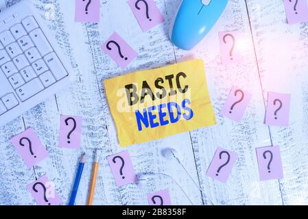 Konzeptionelle Handschrift, die grundlegenden Bedürfnisse. Begriff Sinne etwas, dass Sie haben müssen, um Leben zu erhalten oder Schreiben Werkzeuge und Gekritzelt Stockfoto