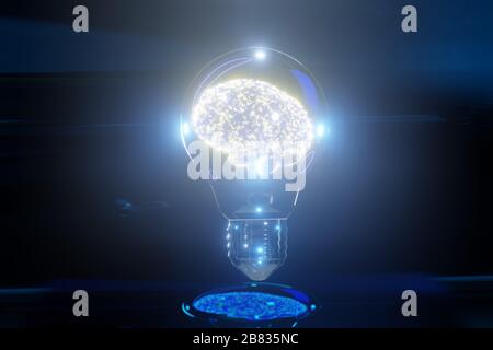3D-Rendering-Innovation-Bild zeigt die Kraft künstlicher Intelligenz Gehirn oder Geist in der Beleuchtung Lampe oder Lampe mit futuristischer Umgebung Stockfoto