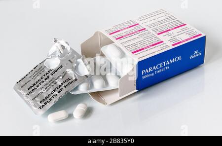 Paracetamol-Tabletten in einer Blisterpackung, zwei Tabletten entfernt, vor einem einfachen Hintergrund Stockfoto