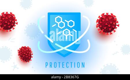 Schutz Sicherheitsschild gegen Coronavirus Bakterien, rote Zellen mit Text auf weißem Hintergrund Stock Vektor