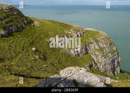 Felsformation am Meer auf der Great Orme, Llandudno, Conwy, Wales, Großbritannien Stockfoto