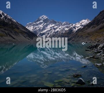 Spiegelung des schneebedeckten Berges in Gletschersee, Mount Cook Stockfoto