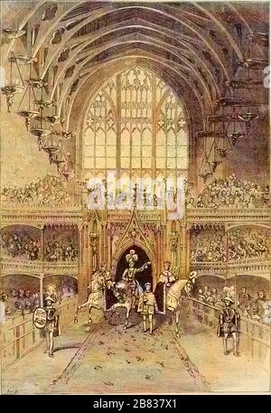 Gravur der Krönung von Georg IV. In der Westminster Hall, London, England, aus dem Buch "Old and New London: A Narrative of its history, its people, and its places" von Thornbury Walter, 1873. Kostenloses Internetarchiv. Hinweis: Das Bild wurde mit einem modernen Verfahren digital koloriert. Farben sind möglicherweise nicht periodengenau. () Stockfoto