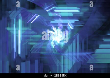Neon leuchtende Linien und Formen fliegen im Raum. Geometrische Sci-Fi-Struktur. Abstrakt kreativ modernen Hintergrund Stockfoto