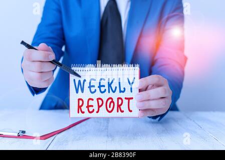 Textzeichen mit wöchentlichem Bericht. Firmenfototexte Informationen über das, was innerhalb der Woche bekannt geworden ist, hält der Mann leeres Papier mit Kopierraum in fr Stockfoto