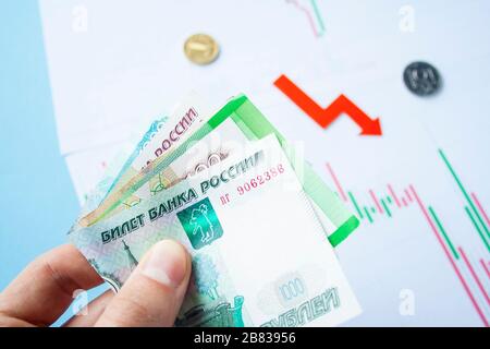 Männliche Hand, die Rubelrechnungen zum Wechselkurs des russischen Rubel und des roten Pfeils hält. Rubelabschreibung. Wechselkurs des Rubelfalls. Rubel zum Dollar Stockfoto