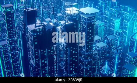3D-futuristische Sci-Fi-Stadtarchitektur mit organischen Wolkenkratzern und Gebäuden für Science-Fiction- oder Fantasy-Hintergründe. Stockfoto