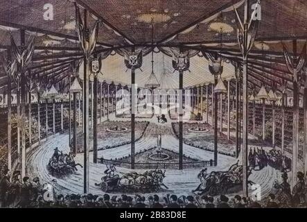 Abbildung der Innenansicht des großen römischen Hippodroms von Phineas Taylor Barnum im Madison Square Garden, New York City, mit Pferdekutschen, die in der Zeitung "Daily Graphic", "The Daily Graphic", "1874" veröffentlicht wurden. Aus der New York Public Library. Hinweis: Das Bild wurde mit einem modernen Verfahren digital koloriert. Farben sind möglicherweise nicht periodengenau. () Stockfoto