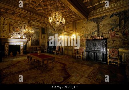 Francois i Salon mit flämischen Wandteppichen die Jagden von Maximilian.Chateau de Fontainebleau Palace.Fontainebleau.seine-et-Marne.France Stockfoto