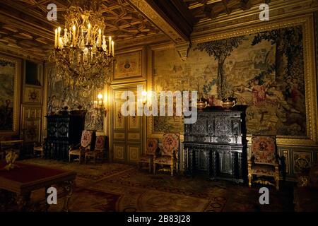 Francois i Salon mit flämischen Wandteppichen die Jagden von Maximilian.Chateau de Fontainebleau Palace.Fontainebleau.seine-et-Marne.France Stockfoto