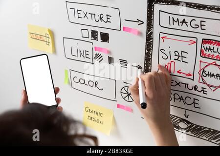 Frauen Webseiten-Designer kreative Planung Anwendungsentwicklung Zeichnen Vorlage Layout Rahmen Drahtmodell Design Studio . Konzept der Benutzererfahrung Stockfoto