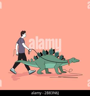 Ein Mann, der sein Haustier Stegosaurus Dinosaurier draußen im Park zu einem Spaziergang nimmt. People Concept Vektorgrafiken Stock Vektor