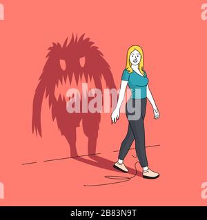 Das Monster In Dir. Eine scheinbar glückliche Frau, die einen langen Schatten in Form eines Monsters wirft. Abbildung der Personenvektoren. Stock Vektor