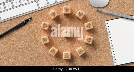 Würfel, die eine Brainstorming-Sitzung in einem modernen Computerarbeitsbereich auf Korkhintergrund zeigen Stockfoto