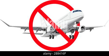 Flugverbot, verbotene Zeichen mit realistischem Flugzeug. Stock Vektor