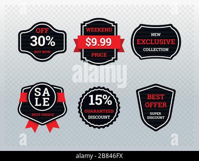 Set von Grafik-Aufklebern in roten und schwarzen Farben mit Preisen und Rabatten auf transparentem Hintergrund Stock Vektor