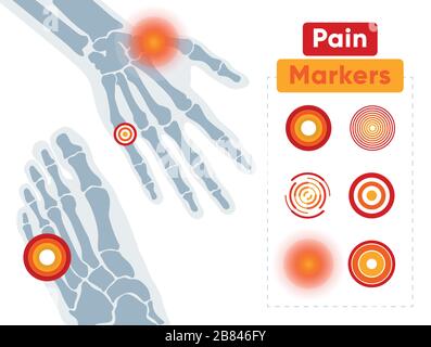 Bunte Symbole von Schmerzmarkierungen im Set mit Skelettgliedmaßen auf weißem Hintergrund Stock Vektor