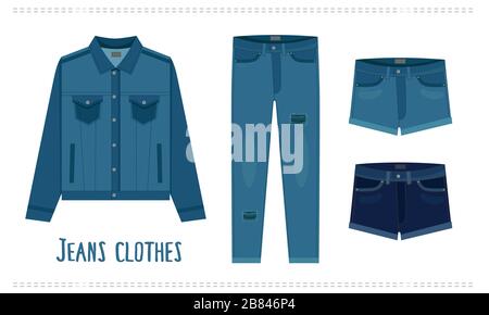 Jeansvektor. Modejeans Set mit Jacke, Hose und Shorts. Verschiedene Denim jean Kleidung. Stock Vektor