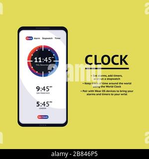 Zeitschaltuhr mobile Anwendungsschnittstelle. Wecker Stoppuhr ui Handy. Stock Vektor