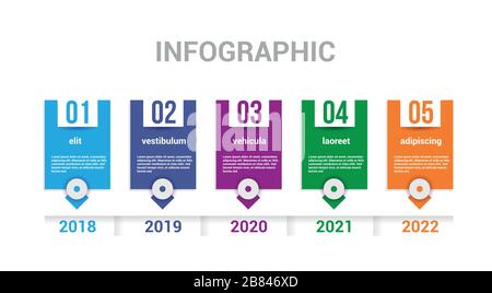 Infografik-Chronik. Elemente und Schritte zur Erreichung des Ziels des Unternehmens. Marketingkonzept für die Business Roadmap. Prozesslinie des Workflow-Diagramms. Stock Vektor