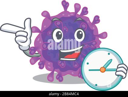 Fröhlicher Alpha-Coronavirus Cartoon-Charakter-Stil mit Uhr Stock Vektor