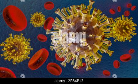 Ein Corona-Virus in seiner mikroskopischen Umgebung Stockfoto