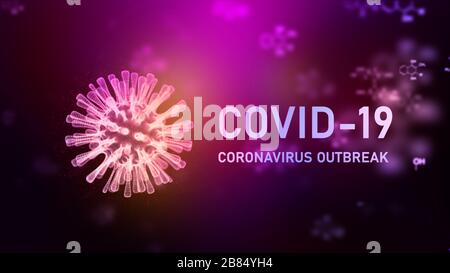 3D Rendering Wireframe-Virus für Covid-19 Coronavirus Outbreak-Konzept, mit chemischem Strukturhintergrund, 3D-Medizin des schwimmenden Influenzavirus ce Stockfoto