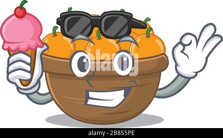 Cartoon-Charakter des orangefarbenen Obstkorbes, der eine Eiscreme hält Stock Vektor