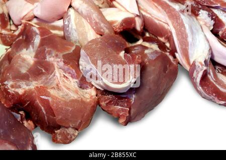 Rohes Schweinefleisch, rohes Schweinefleisch, Schweinefleisch aus nächster Nähe, fettes Schweinefleisch Stockfoto