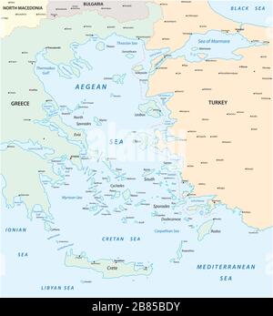 Karte der ägeischen See, Teil des Mittelmeers zwischen Griechenland und der Türkei Stock Vektor