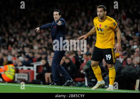 Arsenal-Manager Unai Emery während des Premier-League-Spiels zwischen Arsenal und Wolverhampton Wanderers im Emirates Stadium in London, Großbritannien - 11. November 2018 Stockfoto