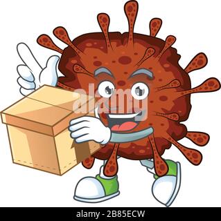 Ein Symbol für das Design des Coronavirus Maskottchens mit einer Schachtel Stock Vektor