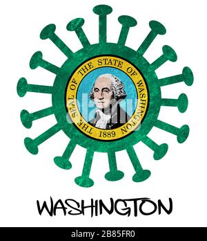 Staatsfahne von Washington mit Corona-Virus oder Bakterien - isoliert auf Weiß Stockfoto