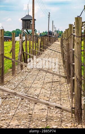 Lublin, Lubelskie/Polen - 2019/08/17: Stacheldrahtzäune des Konzentrationslagers Majdanek KL Lublin - Konzentrationslager Lublin Stockfoto