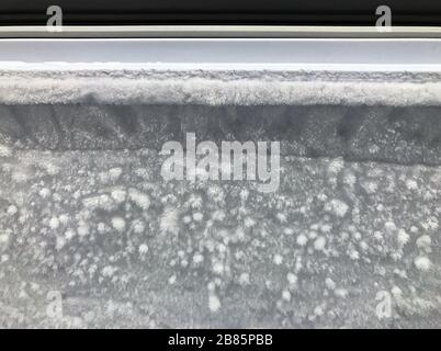 Eisraum-Gefrierwand, Texturwand aus eisweißer Oberfläche, Winterschnee-Tapete kühlende Kondensation Stockfoto