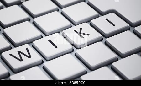 WIKI-WORT auf Tastaturtasten. 3D-Abbildung. Stockfoto