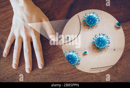Coronavirus. Nahaufnahme einer kranken Hand durch Lupe übertragen Virus durch Hautkontakt. 3D-Rendering Stockfoto