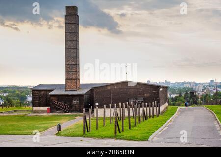 Lublin, Lubelskie/Polen - 2019/08/17: Rekonstruiertes Krematorium von Majdanek KL Lubliner NS-Konzentrations- und Vernichtungslager Stockfoto