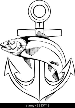 Ein Draw Anchor und Fischvektor illustrarion Stock Vektor