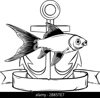 Ein Draw Anchor und Fischvektor illustrarion Stock Vektor