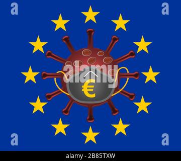 Flagge der Europäischen union mit Symbol des Corona-Virus. Finanzkrise nach Kovid 19 oder Corona-Virus 2020. Stockfoto