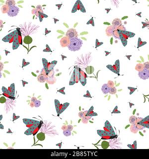 6-punkt-burnett Schmetterling nahtloser Vektor-Muster Hintergrund. Tagfliegende Mottenwiesen-Blumenkulisse. Schottisches Insektendesign an der Küste. Alles im Druck Stock Vektor